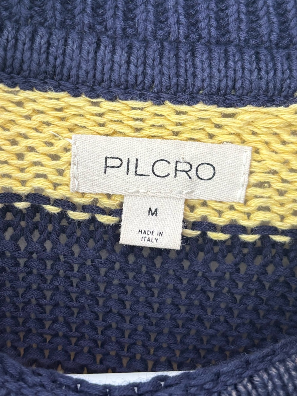 Pilcro Anthropologie Yellow Navy Blue Striped Short-Sleeve Mock-Neck Sweater - Picture 4 of 6